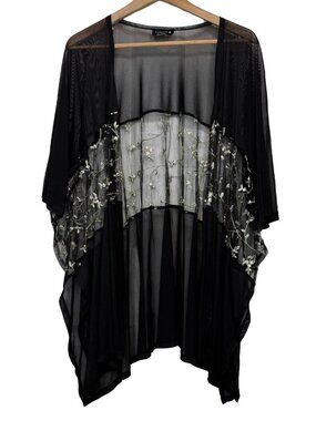 Paperoc Black Floral Sheer Embroidered Mesh Kimono Top Size Large